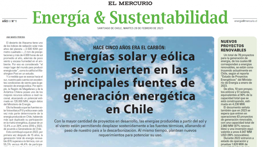 Energías solar y eólica se convierten en las principales fuentes de generación energética en Chile