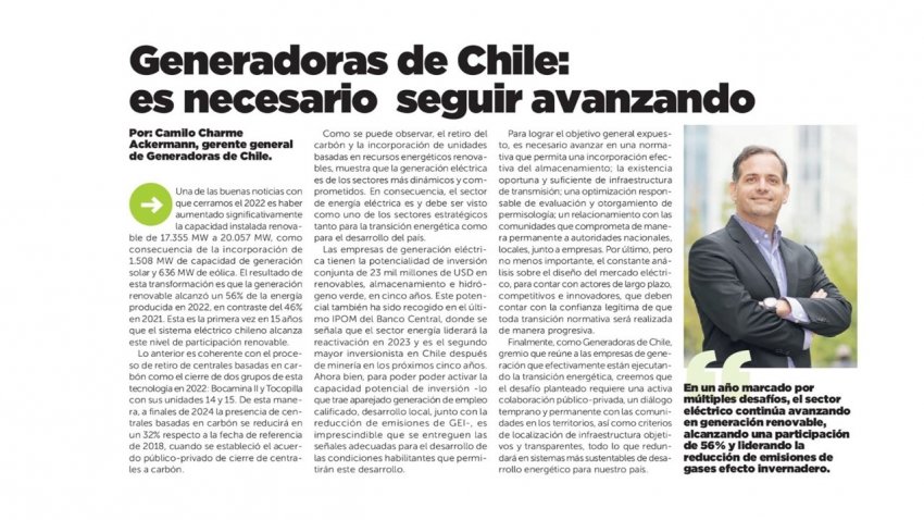 Generadoras de Chile: es necesario seguir avanzando
