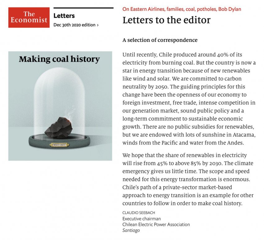 The Economist destaca agenda renovable y de retiro del carbón de Chile