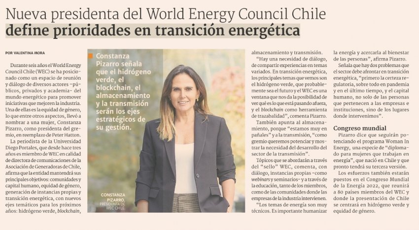 Nueva presidenta del World Energy Council Chile define prioridades en transición energética